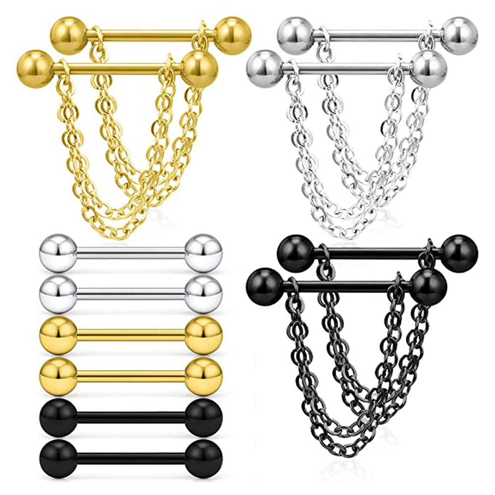 Body Jewelry Nipple Chain - 6 Pairs Nipple Rings 14G Surgical